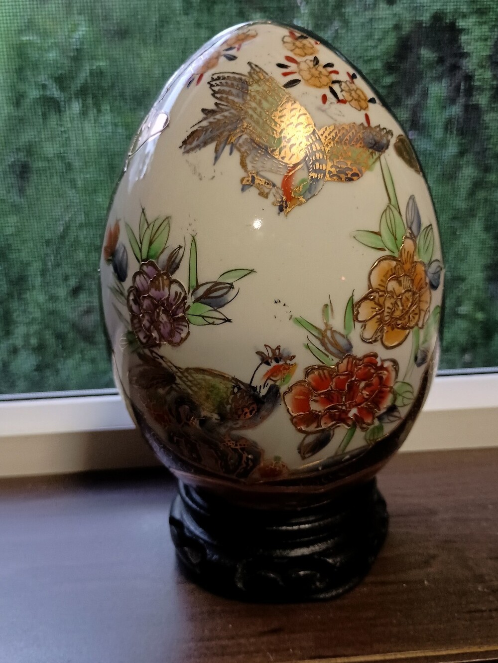 Hand-Painted Porcelain Egg with Floral & Bird Motif